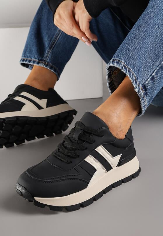 Czarno-Beżowe Sneakersy z Ozdobnymi Przeszyciami Alentia 2