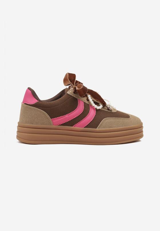 Brązowe Sneakersy w Stylu Tenisówek na Grubej Podeszwie z Tłoczeniem i Perłami Asortte 4