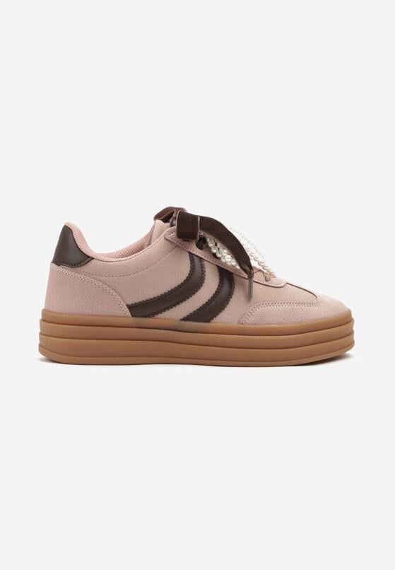Różowe Sneakersy w Stylu Tenisówek na Grubej Podeszwie z Tłoczeniem i Perłami Asortte 4