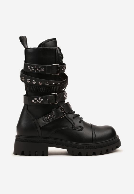 Czarne Botki Workery z Paskami z Ćwiekami i Klamrami w Rockowym Stylu Zarfina 4