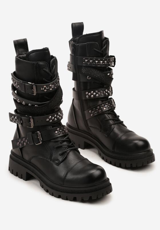 Czarne Botki Workery z Paskami z Ćwiekami i Klamrami w Rockowym Stylu Zarfina 5