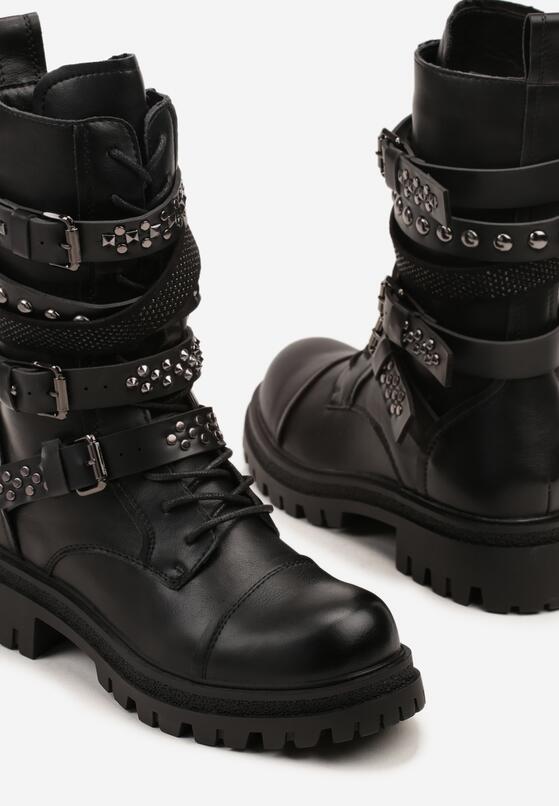 Czarne Botki Workery z Paskami z Ćwiekami i Klamrami w Rockowym Stylu Zarfina 6