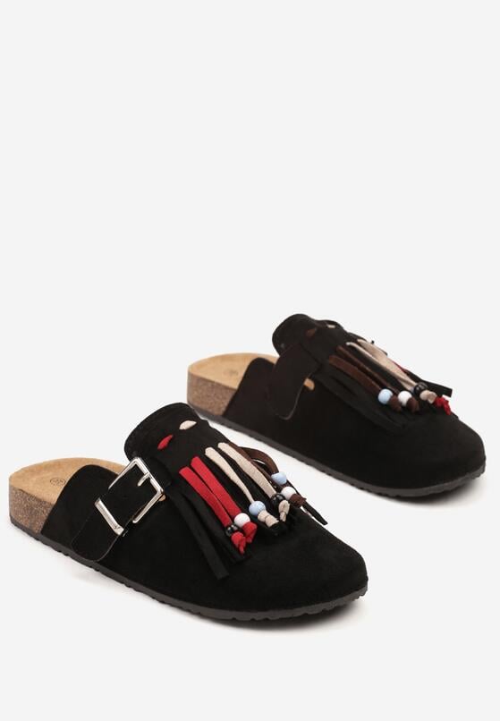 Czarne Klapki Mule w Stylu Boho z Ozdobnymi Frędzlami Varre 5