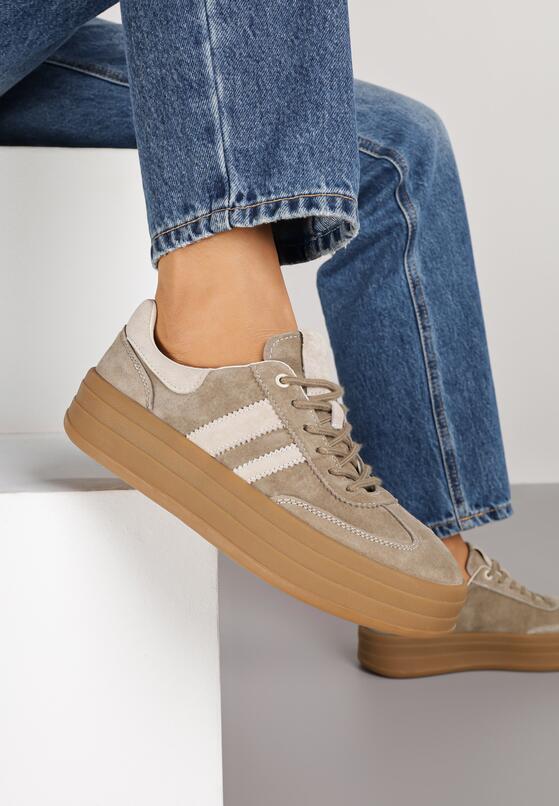 Ciemnobeżowe Zamszowe Sneakersy na Grubej Podeszwie z Paskami i Skórzaną Wkładką Felenne 2