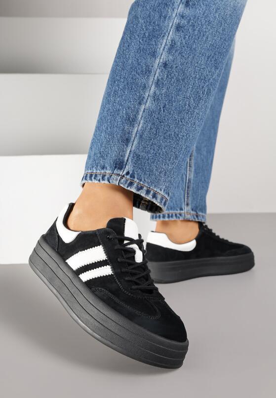Czarne Zamszowe Sneakersy na Grubej Podeszwie z Paskami i Skórzaną Wkładką Felenne 2