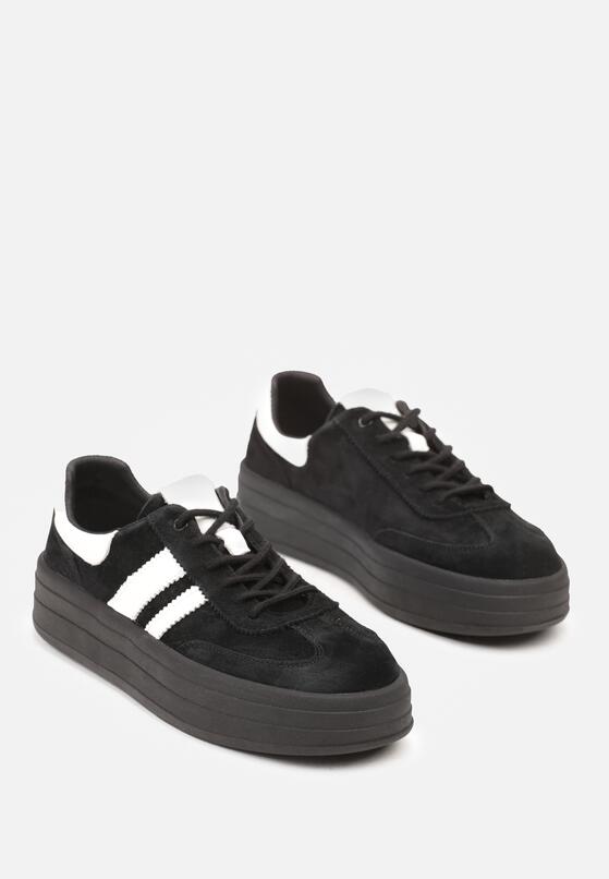 Czarne Zamszowe Sneakersy na Grubej Podeszwie z Paskami i Skórzaną Wkładką Felenne 5