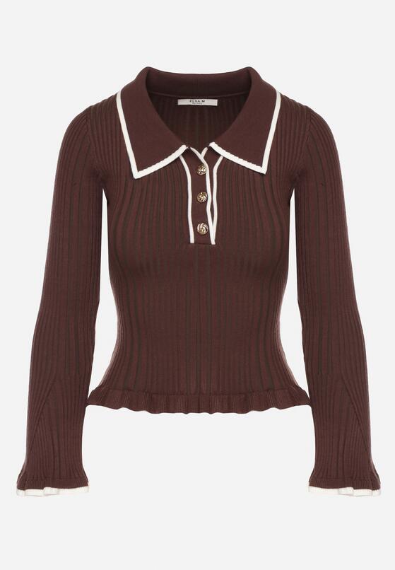 Brązowy Sweter z Wiskozą w Stylu Retro z Kołnierzykiem i Guzikami Sarrise 6