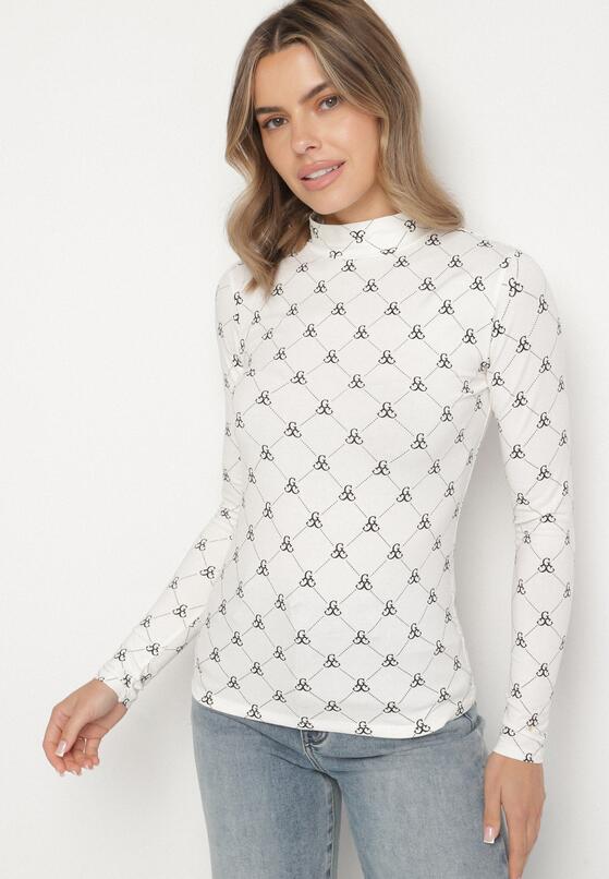Biała Bawełniana Bluzka z Półgolfem Typu Longsleeve z Geometrycznym Wzorem Tilianna 4