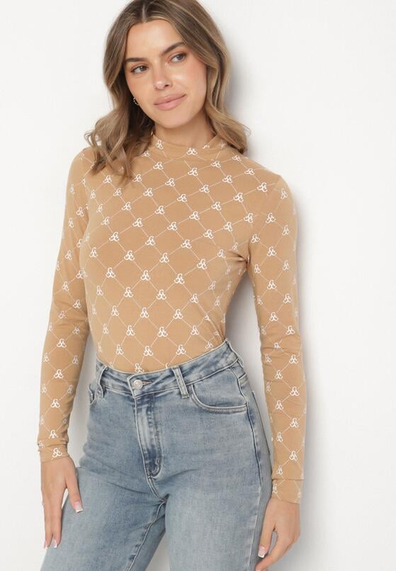 Beżowa Bawełniana Bluzka z Półgolfem Typu Longsleeve z Geometrycznym Wzorem Tilianna 1