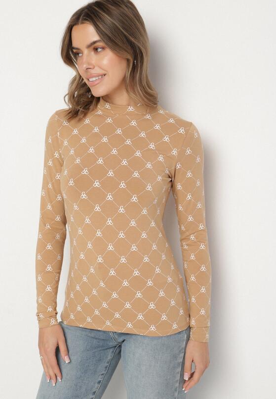 Beżowa Bawełniana Bluzka z Półgolfem Typu Longsleeve z Geometrycznym Wzorem Tilianna 4