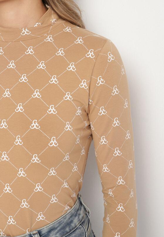 Beżowa Bawełniana Bluzka z Półgolfem Typu Longsleeve z Geometrycznym Wzorem Tilianna 5