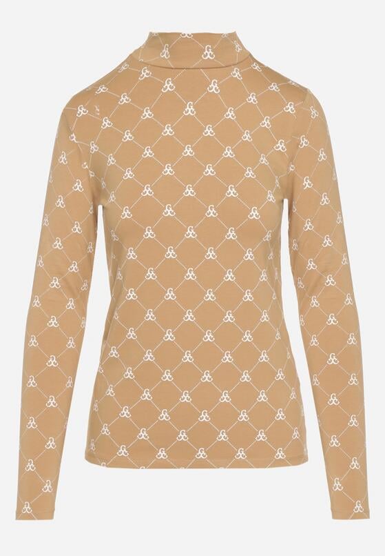 Beżowa Bawełniana Bluzka z Półgolfem Typu Longsleeve z Geometrycznym Wzorem Tilianna 6