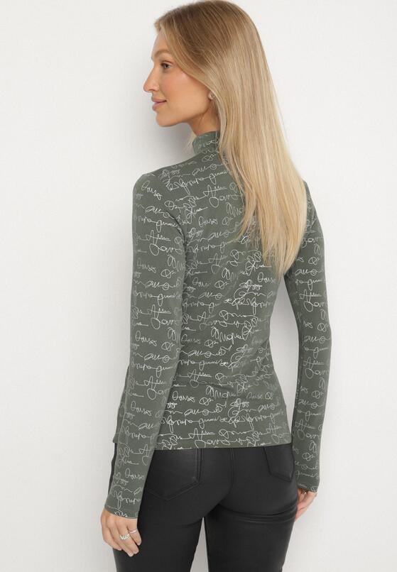 Zielona Bluzka z Bawełny w Stylu Longsleeve z Półgolfem w Literowy Nadruk Azelenia 3