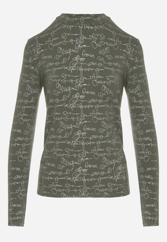 Zielona Bluzka z Bawełny w Stylu Longsleeve z Półgolfem w Literowy Nadruk Azelenia 6