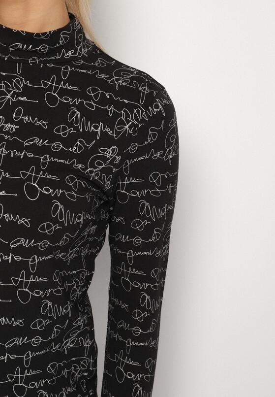 Czarna Bluzka z Bawełny w Stylu Longsleeve z Półgolfem w Literowy Nadruk Azelenia 5