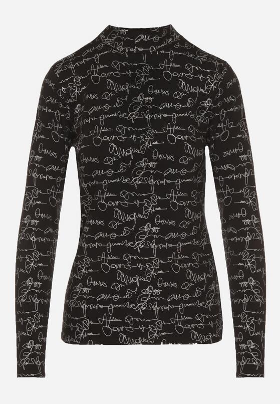 Czarna Bluzka z Bawełny w Stylu Longsleeve z Półgolfem w Literowy Nadruk Azelenia 6
