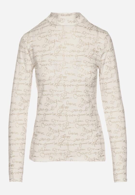 Biała Bluzka z Bawełny w Stylu Longsleeve z Półgolfem w Literowy Nadruk Azelenia 6