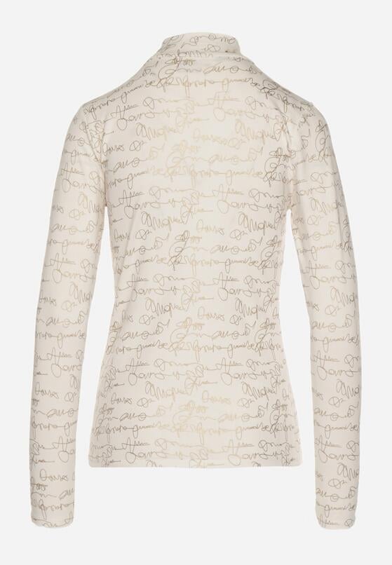 Biała Bluzka z Bawełny w Stylu Longsleeve z Półgolfem w Literowy Nadruk Azelenia 7