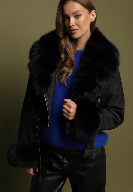 Granatowa Ocieplana Kurtka Ramoneska z Futrem przy Kołnierzu i Rękawach Mevesala 4