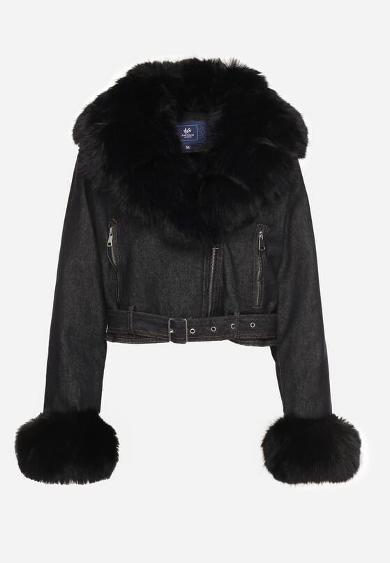 Granatowa Ocieplana Kurtka Ramoneska z Futrem przy Kołnierzu i Rękawach Mevesala 6