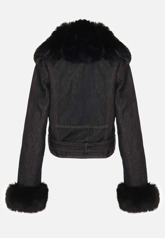 Granatowa Ocieplana Kurtka Ramoneska z Futrem przy Kołnierzu i Rękawach Mevesala 7