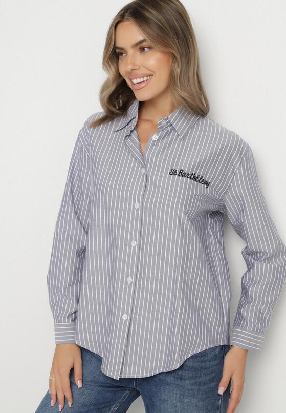 Granatowa Koszula w Paski Zdobiona Haftem Denelle 1