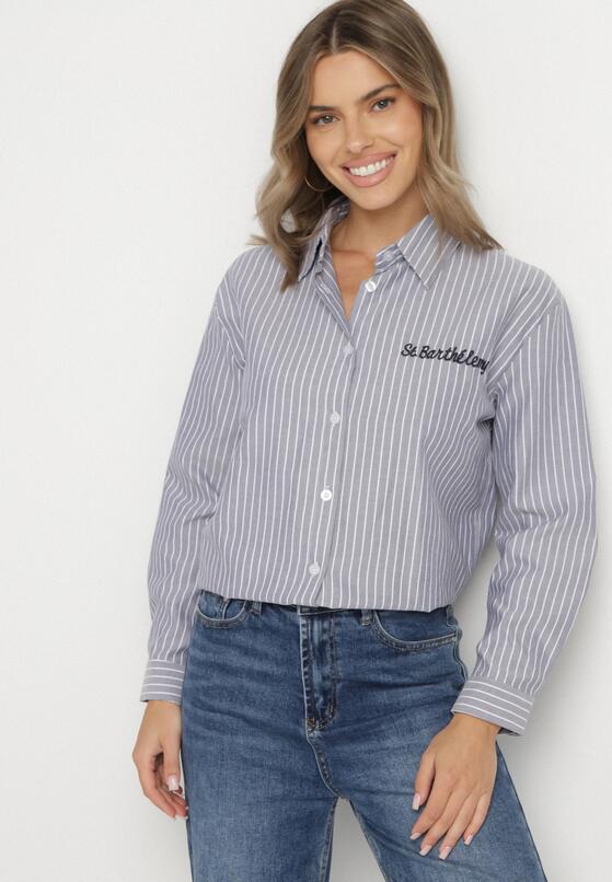 Granatowa Koszula w Paski Zdobiona Haftem Denelle 2