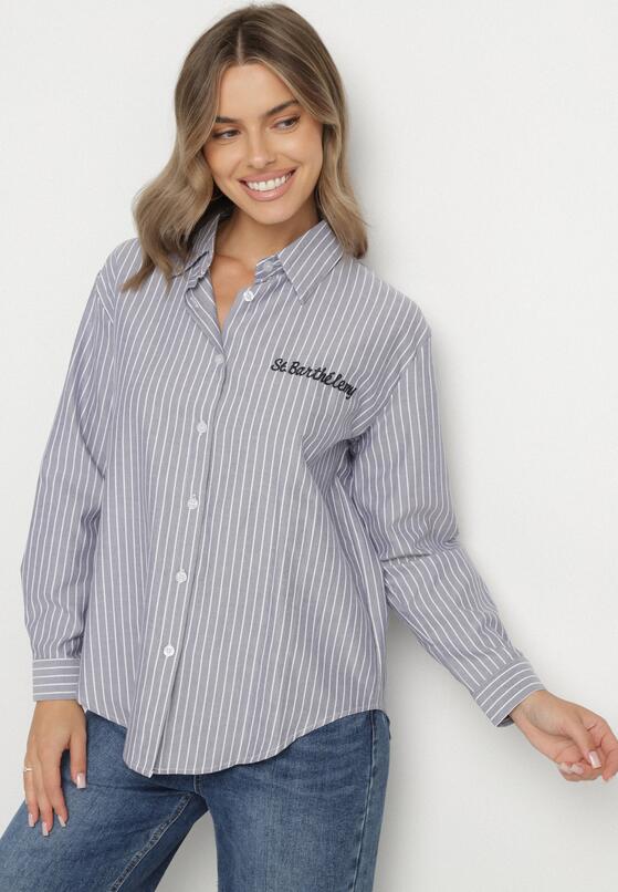 Granatowa Koszula w Paski Zdobiona Haftem Denelle 4