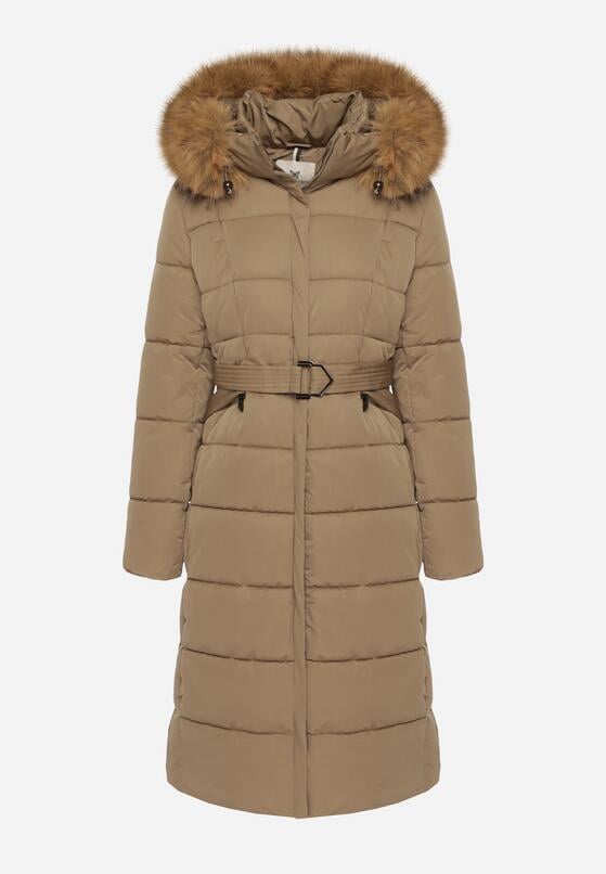 Ciemnobeżowa Długa Kurtka Pikowana z Kapturem z Futerkiem i Paskiem w Talii Avesiia 6