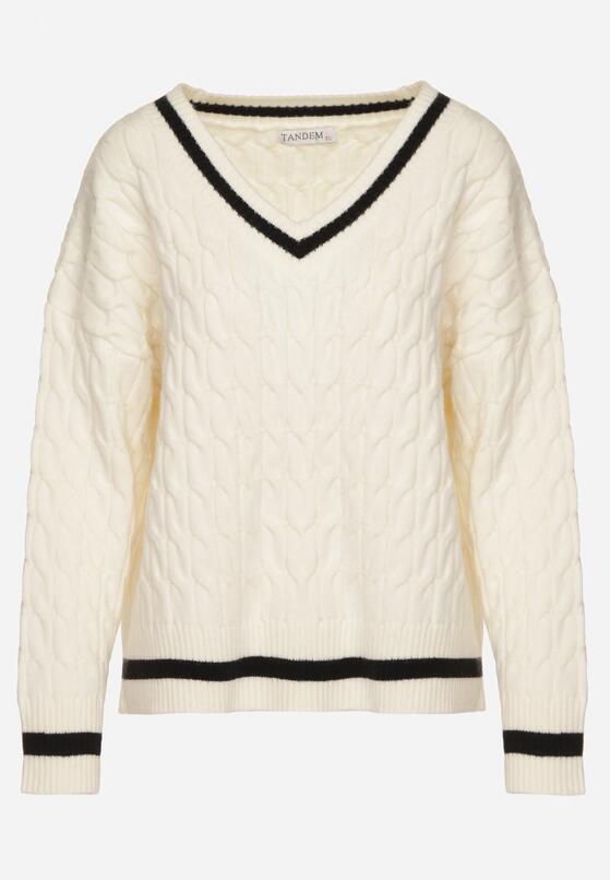 Jasnobeżowy Sweter Preppy z Domieszką Kaszmiru Zdobiony Strukturalnym Splotem Lorentie 6