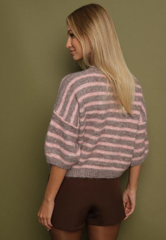 Brązowy Sweter z Wełną i Bufiastymi Rękawami w Paski Kaonne 3