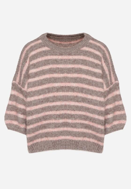 Brązowy Sweter z Wełną i Bufiastymi Rękawami w Paski Kaonne 6