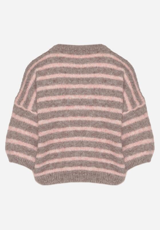 Brązowy Sweter z Wełną i Bufiastymi Rękawami w Paski Kaonne 7
