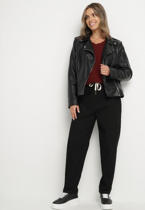 Czarne Spodnie Bawełniane w Stylu Mom Fit ze Sznurkiem  Adenelle 4