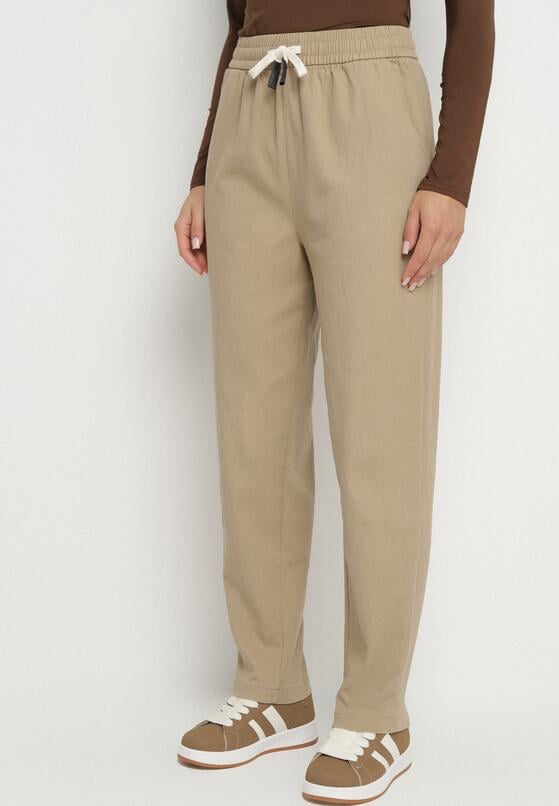 Beżowe Spodnie Bawełniane w Stylu Mom Fit ze Sznurkiem  Adenelle 1