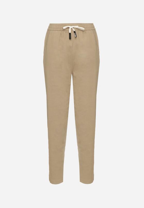 Beżowe Spodnie Bawełniane w Stylu Mom Fit ze Sznurkiem  Adenelle 6