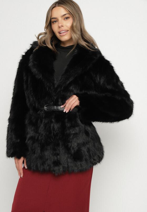 Czarna Elegancka Kurtka Futerko z Paskiem z Klamrą Gonne 4