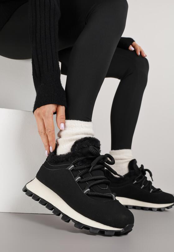 Czarne Sneakersy w Stylu Śniegowców na Grubej Podeszwie z Tłoczeniem Sinetta 2
