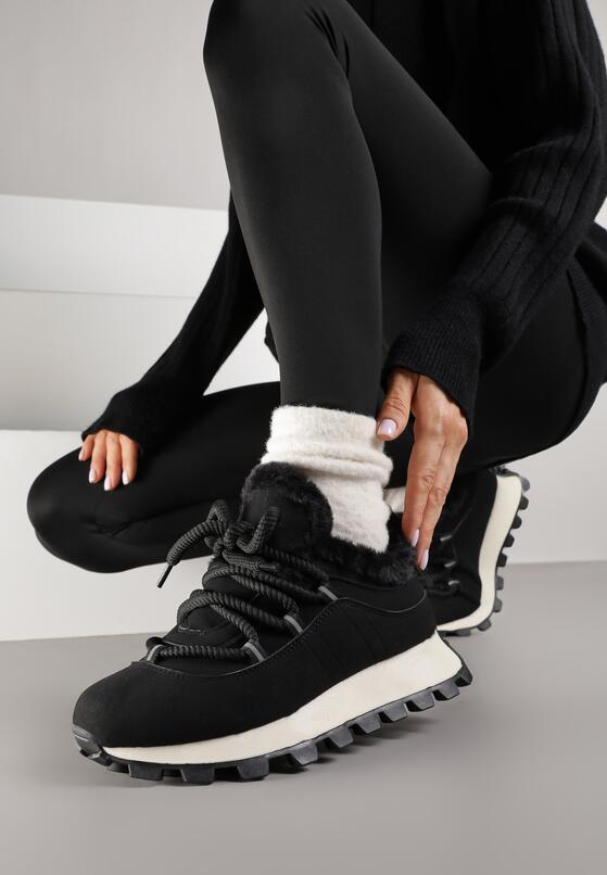 Czarne Sneakersy w Stylu Śniegowców na Grubej Podeszwie z Tłoczeniem Sinetta 1