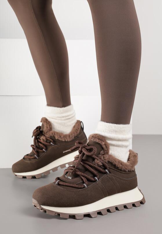 Brązowe Sneakersy w Stylu Śniegowców na Grubej Podeszwie z Tłoczeniem Sinetta 3
