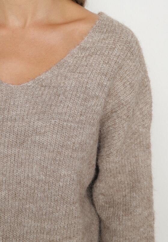 Brązowy Sweter z Dodatkiem Wełny i Trójkątnym Dekoltem Esmina 5