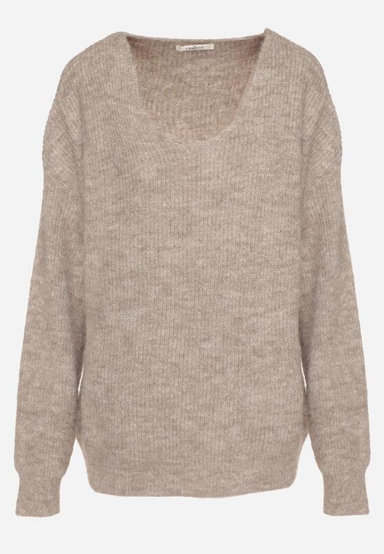 Brązowy Sweter z Dodatkiem Wełny i Trójkątnym Dekoltem Esmina 6
