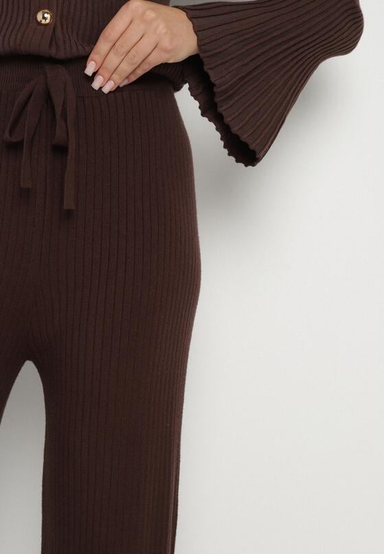 Brązowe Szerokie Spodnie High Waist z Wiskozą z Gumką w Pasie  Essica 5