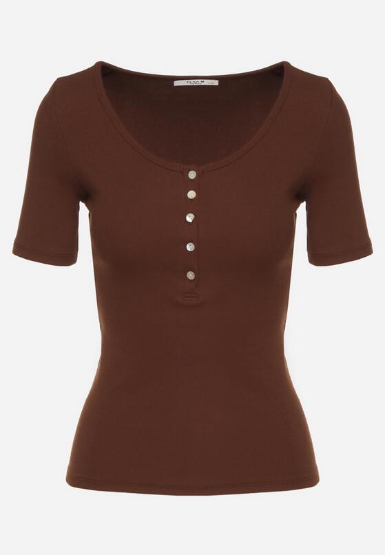 Brązowy Prążkowany T-shirt z Bawełny Ozdobiony Guzikami Tasavia 6