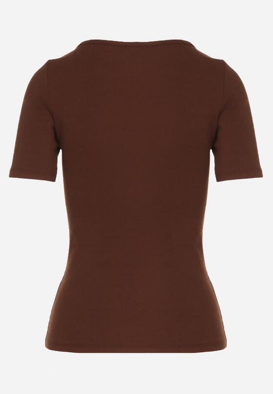 Brązowy Prążkowany T-shirt z Bawełny Ozdobiony Guzikami Tasavia 7