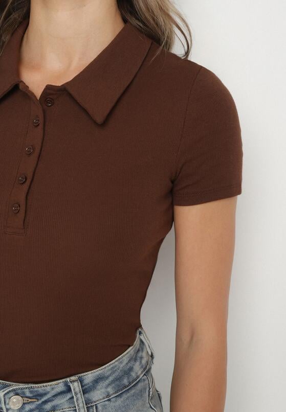 Brązowy Bawełniany T-shirt Prążkowany Typu Polo z Guzikami Avelavia 5