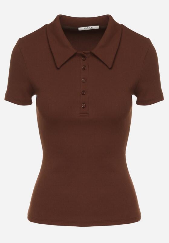 Brązowy Bawełniany T-shirt Prążkowany Typu Polo z Guzikami Avelavia 6