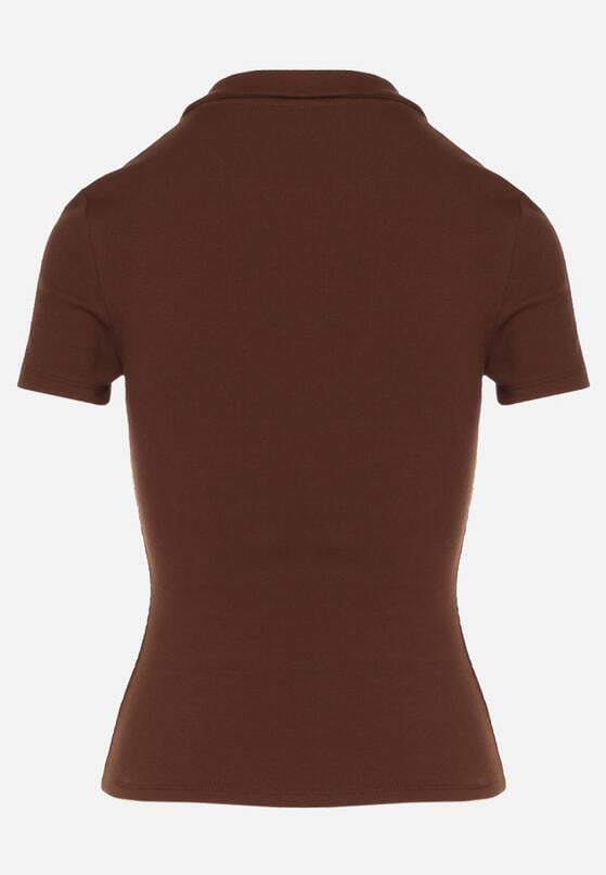 Brązowy Bawełniany T-shirt Prążkowany Typu Polo z Guzikami Avelavia 7