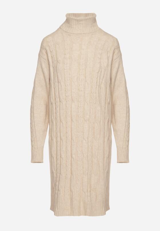 Jasnobeżowa Sweterkowa Sukienka z Golfem Ozdobiona Tłoczeniem Lanika 6