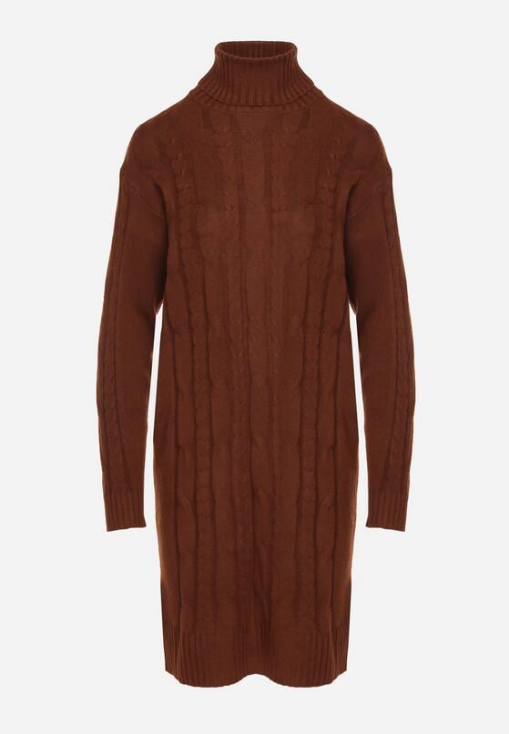Brązowa Sweterkowa Sukienka z Golfem Ozdobiona Tłoczeniem Lanika 6